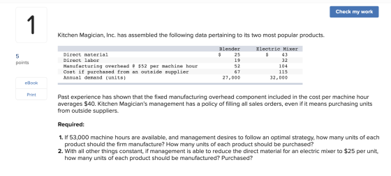 Check my work Kitchen Magician, Inc. has assembled the following data pertaining to its two most popular products. Electric M