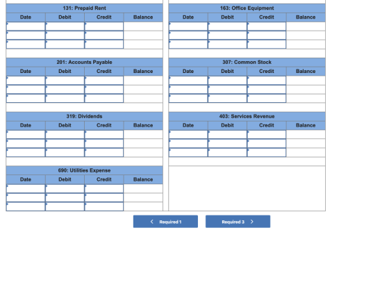 131: Prepaid Rent Debit Credit 163: Office Equipment Debit Credit Date Balance Date Balance 201: Accounts Payable Debit Credi