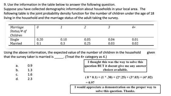 9. Use the information in the table below to answer the following question. Suppose you have collected demographic informatio