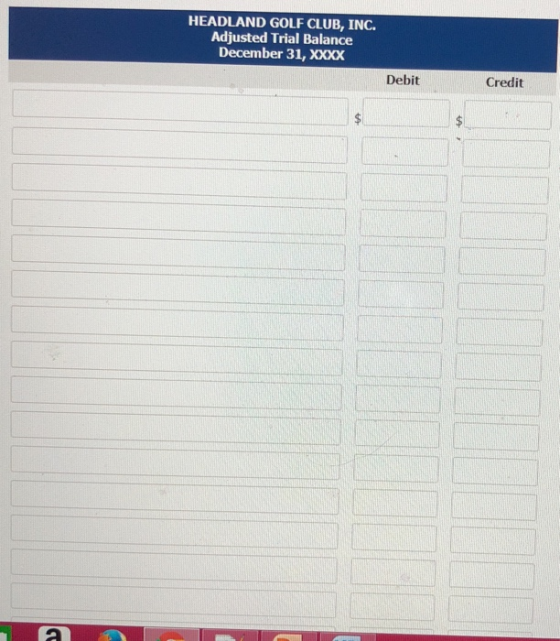 HEADLAND GOLF CLUB, INC. Adjusted Trial Balance December 31, XXXX Debit Credit