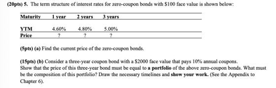 (20pts) 5. The term structure of interest rates for zero-coupon bonds with $100 face value is shown below: Maturity 1 year 2
