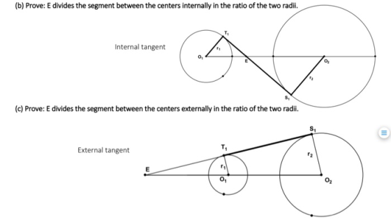 (b) Prove: E divides the segment between the centers internally in the ratio of the two radii. Internal tangent (c) Prove: E