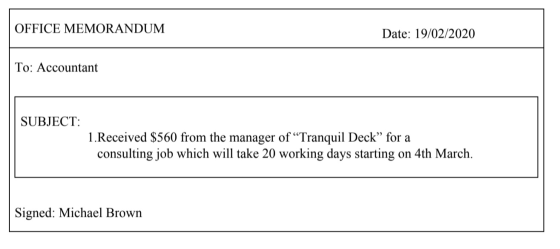 OFFICE MEMORANDUM Date: 19/02/2020 To: Accountant SUBJECT: 1.Received $560 from the manager of “Tranquil Deck” for a consulti