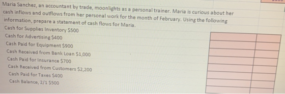 Maria Sanchez, an accountant by trade, moonlights as a personal trainer. Maria is curious about her cash inflows and outflows