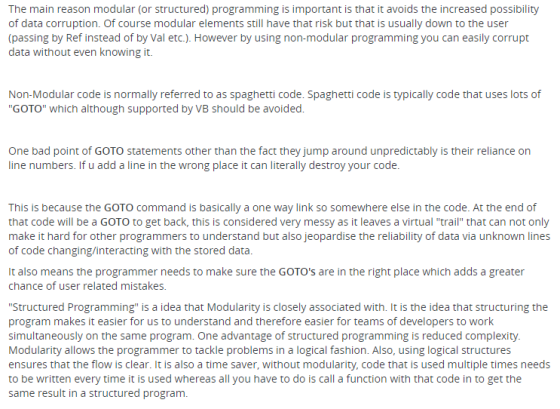The main reason modular (or structured) programming is important is that it avoids the increased possibility of data corrupti