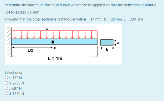 determine the maximum distributed load w that can be applied so that the deflection at point o not to exceed 9.5 mm knowing t