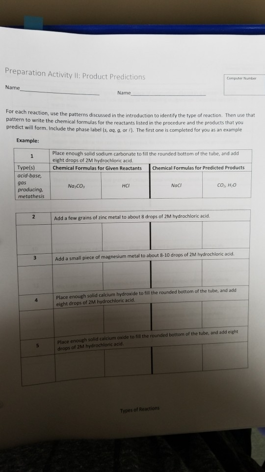 Preparation Activity Il: Product Predictions Computer Number Name Name each reaction, use the patterns discussed in the intro