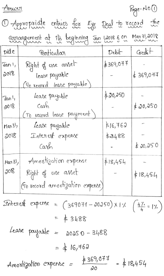 Answer Page: No Jan ! 2018 O Apexopeiate entries for Eye Deal to record the amangement and its beginning Jan Lele on Mangel a