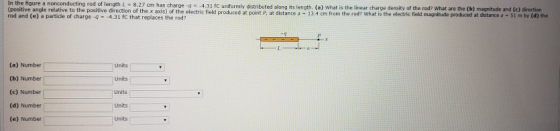In the figure a nonconducting rod of length-8.27 cm has charge 4.31 (positive angle relative to the positive direction of the x axis) of the electric field rod and (e) a particle of charge-g- 4.31 fC that replaces the rod? FC uniformly distributed produced at point p at distance a 134 c n from the rod, what is the electric field ㎡agnitude protledal di irra si m by d (a) Number (b) Number (c) Number (d) Number (e) Number Units Units Units Units Units