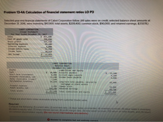 Problem 13-4A Calculation of financial statement ratios LO P3 Selected year-end financial statements of Cabot Corporation fol