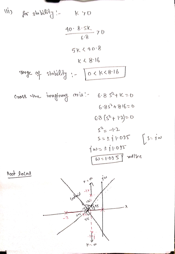 (1) for stability in Kyo 15-8 ob 70 8.9 5K < 40.8 K L 8.16 sange of stability in 0 < K<8:16 Cross the imaginany ar inte 9-1+S