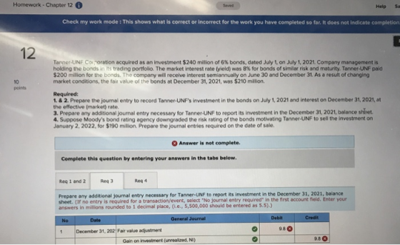 Homework - Chapter 12 Helps Check my work mode: This shows what is correct or incorrect for the work you have completed so fa
