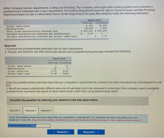 White Company has two departments, Cutting and Finishing. The company uses a job-order costing system and computes a predeter