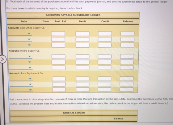 3. Total each of the columns of the purchases journal and the cash payments journal, and post the appropriate totals to the g