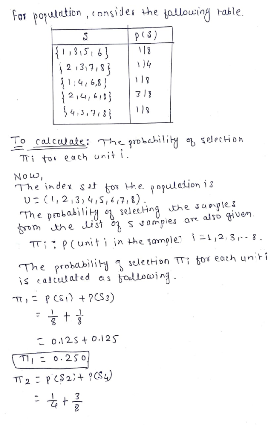 For populction , considei the tallowing table. 2 13171 41 6,8 2 ,ui618 4,5,718 P(S) 1 14 了13 To calculate e robal elechion No12 Th e index set tol the poluledİon is m th e dist 03 S ง0mples are also given TTi: PC unit, in the sample) ¡ะเ,2, 3, 8 The probabili sletting The probailislechon TTi tor each uniti is calculated as botuoaing :t글 0.1 2.5 + o.12S -石