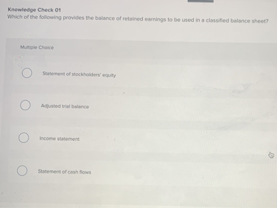 Knowledge Check 01 Which of the following provides the balance of retained earnings to be used in a classified balance sheet?