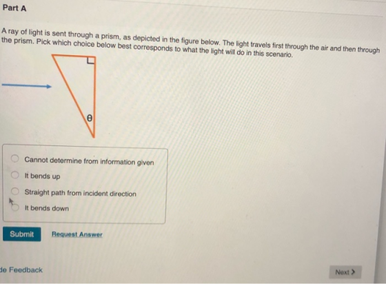 Part A A ray of light is sent through a prism, as depicted in the figure below. The light travels first through the air and t