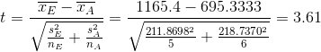 t=\frac{\overline{x_{E}}-\overline{x_{A}}}{\sqrt{\frac{s_{E}^{2}}{n_{E}}+ \frac{s_{A}^{2}}{n_{A}}}} =\frac{1165.4-695.3333}{\sqrt{\frac{211.8698^{2}}{5}+\frac{218.7370^{2}}{6}}}=3.61