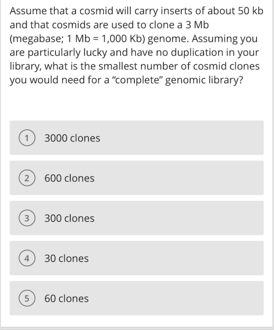 Assume that a cosmid will carry inserts of about 50 kb and that cosmids are used to clone a 3 Mb (megabase: 1 Mb = 1,000 Kb) genome. Assuming you are particularly lucky and have no duplication in your library, what is the smallest number of cosmid clones you would need for a complete genomic library? 1 3000 clones 2) 600 clones 3) 300 clones 4 30 clones ⓢ 60 clones