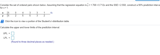 Consider the set of ordered pairs shown below. Assuming that the regression equation is = 1.768 +0.712x and the SSE = 2.558,