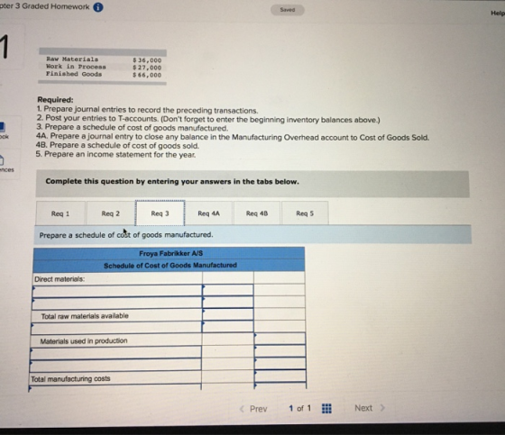 apter 3 Graded Homework Saved Help Raw Materials Work in Process Finished Goods $36.000 $ 27.000 $ 66,000 Required: 1. Prepar