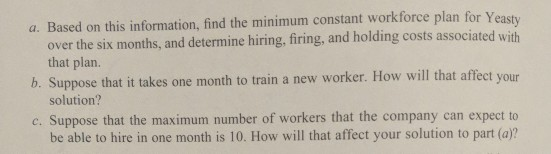 a. Based on this information, find the minimum constant workforce plan for Yeasty over the six months, and determine hiring,