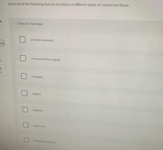 Select all of the following that are functions of different types of connective tissue. Check All That Apply provide movement