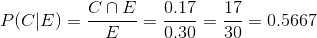 \\ P(C|E)=\frac{C\cap E}{E}=\frac{0.17}{0.30}=\frac{17}{30}=0.5667