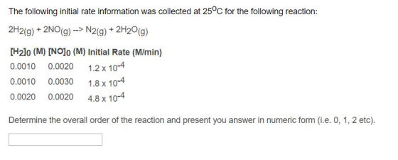 The following initial rate information was collected at 25°c for the following reaction: 2H2(g)+2NO(g) N2(g) +2H20(g) H2lo (M