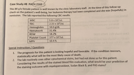 Case Study #8 PATH 2163 This 84 y/o female patient is well known by the clinic laboratory staff. At the time of this follow-u