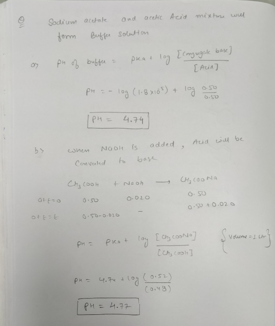 Acid mixture will Socium acetate Buffer and acetic solution form pkat log [conjugak base] of Ph of buffer = [Acid pH = log (1