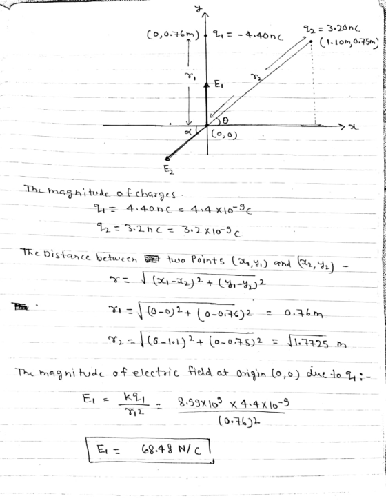ㄣㄨ Th aghitc ofcharges ให้ 4.40nC s 4.4.xlo-2€ Te Distance betuen tuso Ponts arn Tho magni tudo ơf electric fidd at 0ngin (o,o) dat to %; T12