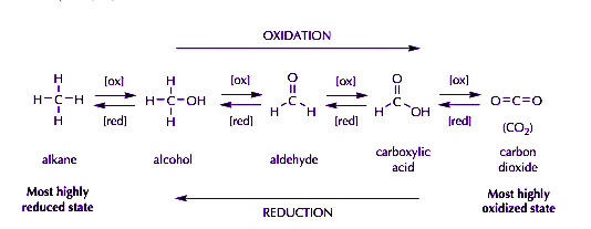 OXIDATION fox) o fox] H H-C- H H fox H (red) -C-OH н fox = HH [redi HOH (red Tredt O=C=0 (CO2) alkane alcohol aldehyde carb