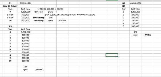 MARR=15% Q2 AMRR=10% IRR Year Q1 Rate OF Return Year 0 1 to 10 1 to 10 10 Cash flow -1,200,000 300,000 100,000 600,000 300,00
