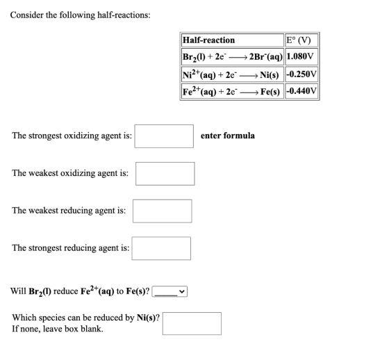 Consider the following half-reactions: Half-reaction E° (V) 2Br (aq) 1.080V Br2(1) + 2e — Ni2+(aq) + 2e Fe2+(aq) + 2e → Ni(s)
