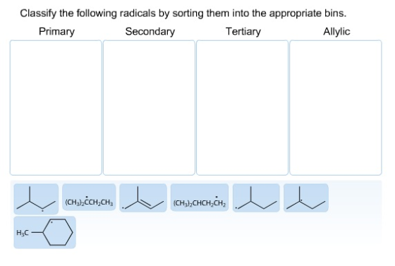 Classify the following radicals by sorting them in