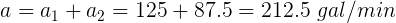\large a=a_{1}+a_{2}=125+87.5=212.5 \ gal/min