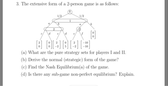 3. The extensive form of a 2-person game is as follows: 1/ 2 020210 0 0-25-210 (a) What are the pure strategy sets for players I and II. (b) Derive the normal (strategic) form of the game? (c) Find the Nash Equilibrium(a) of the game (d) Is there any sub-game non-perfect equilibrium? Explain.
