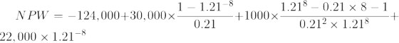 \large NPW = - 124,000 + 30,000\times \frac{1-1.21^{-8}}{0.21}+ 1000\times \frac{1.21^8-0.21\times 8-1}{0.21^2\times 1.21^8}+ 22,000\times 1.21^{-8}