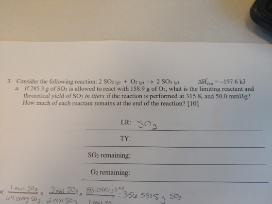 3. Consider the following reaction: 2 SO2 (g) + O2 (g) → 2 SO3 (g) AH.x = -197.6 kJ a. If 285.3 g of SO2 is allowed to react