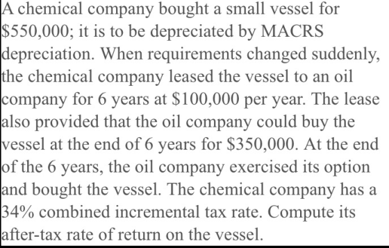 A chemical company bought a small vessel for $550,000; it is to be depreciated by MACRS depreciation. When requirements chang