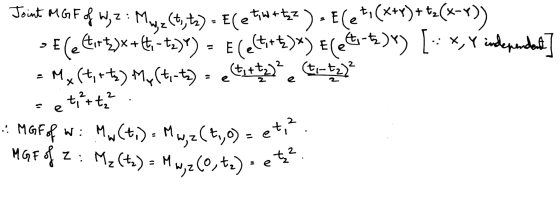 Joint MGF of W, 2: Mwe(t, tz) = E(etwa tzz)=E(et, (x+y)+ tz(x-1)) DE Cetvrt)x+t, -tz)r) - Electi+)xy Feetta)) [= x,y independ