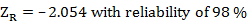 ZR = -2.054 with reliability of 98 %