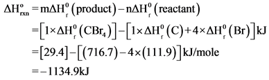ΔΗ. =mΔΗ (product)-nΔΗ (reactant)
-[ixΔΗ (CBT)]-[ixΔΗ (C) + 4xΔΗ (Br)]ki
=[29.4]-[(716.7)-4x(111.9)]kJ/mole
=-1134.9kJ
