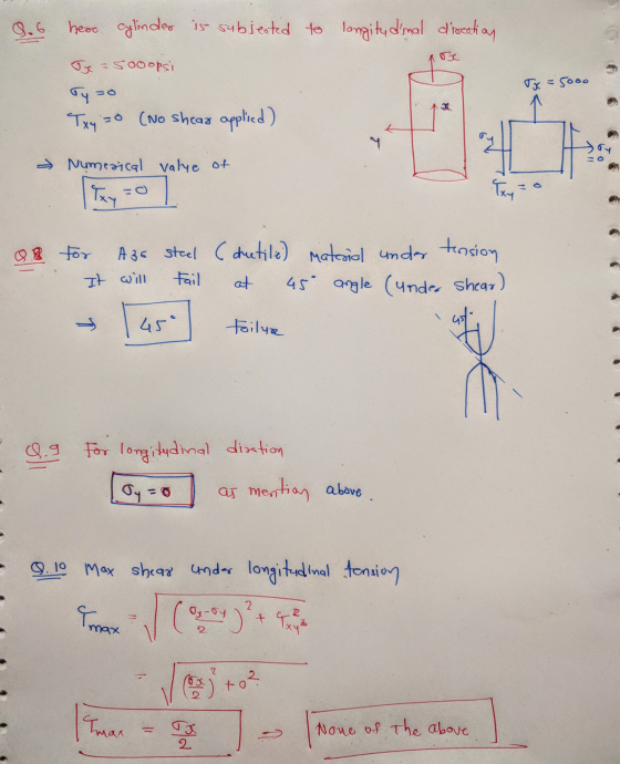 hear cylinder is subjected to longitudinal direction re Je = 50oopsi Jy = Tx = 5000 Txy -o (No sheas applied) 7 09 - Numerica