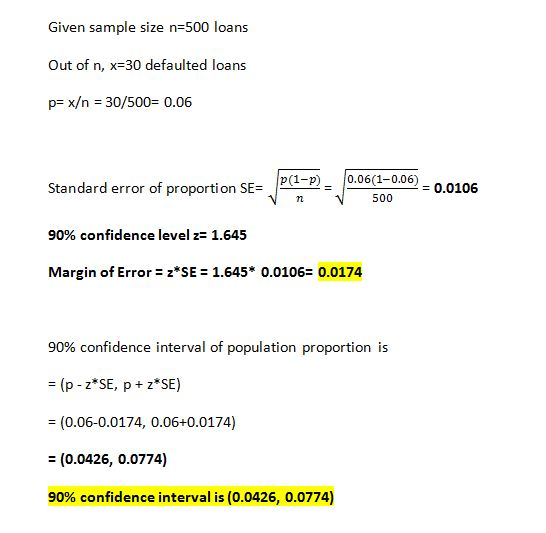 Given sample size n 500 loans Out of n, x-30 defaulted loans p- x/n 30/500 0.06 Standard error of proportion SE= p(1-p) 0.06(1-0.00-0.0106 2 90% confidence level z= 1.645 Margin of Errorz*SE 1.645*0.0106- 0.0174 90% confidence interval of population proportion is (p-2 SE, p+ 2 SE) (0.06-0.0174, 0.06+0.0174) (0.0426, 0.0774) 90% confidence interval is (0.0426, 0.0774)