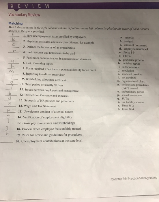 REVIE W Vocabulary Review Matching Match the key terms in the right colunn with the definitions in the left column by placing
