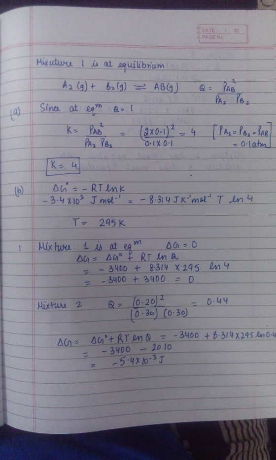 20 DATE: PAGE NO Mix utwee l at equilibrium PA₂ /B₂ a) A2 (g) + B2 (9) ► AB(9) Q = PAB - Since at eam Q=1 K = PAB - (2x0.12 ²
