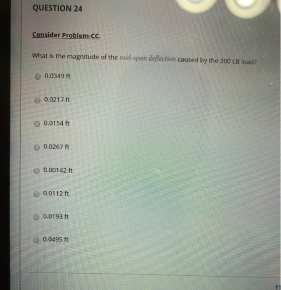 QUESTION 24 Consider Problem-CC. What is the magnitude of the mid-span deflection caused by the 200 LB load? 0.0349 ft 0.0217