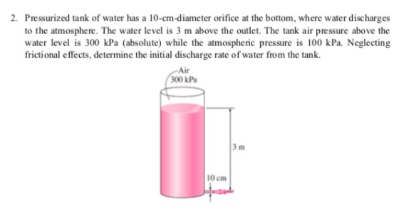 2. Pressurized tank of water has a 10-cm-diameter orifice at the bottom, where water discharges to the atmosphere. The water level is 3 m above the outlet. The tank air pressure above the water level is 300 kPa (absolute) while the atmospheric pressure is 100 kPa. Neglecting frictional effects, determine the initial discharge rate of water from the tank. Air 00 kPa 3 m 10 cm
